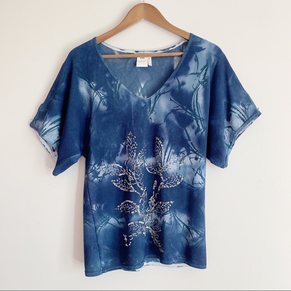 Alberto Makali Blue Beaded Floral Knit Top Large Coastal Grandma